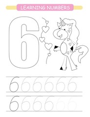 Funny children flashcard number six. Unicorn with hearts learning to count and to write. Coloring printable worksheet for kindergarten and preschool. Number writing practice 6.