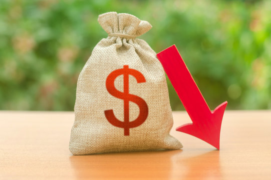 Money bag with dollar symbol and red arrow down. Reduced tax revenues, economic difficulties, departure of capital, investors. Falling wages and welfare. Low profits and liquidity of investments.