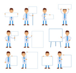 Big set of doctor characters posing with different blank banners. Cheerful assistant holding paper, poster, placard, pointing to whiteboard. Teach, advertise, promote. Flat style vector illustration