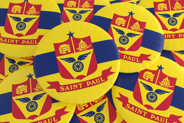 US City Buttons: Pile of Saint Paul, Minnesota Flag Badges, 3d illustration