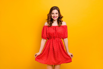 Nice lady showing new outfit ready for birthday party wear off-shoulders dress isolated yellow...