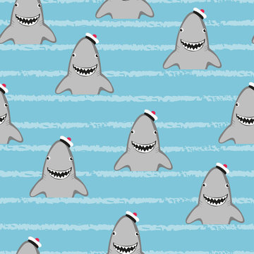 Seamless Cartoon Shark Pattern For Kids.  Vector Illustration.