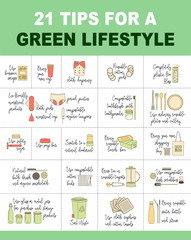 Vector illustration with 21 tips for a green lifestyle. Flat icons and inscriptions near to them on Zero Waste theme.