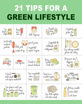 Vector illustration with 21 tips for a green lifestyle. Flat icons and inscriptions near to them on Zero Waste theme.