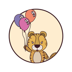 frame with cute tiger and balloons of helium