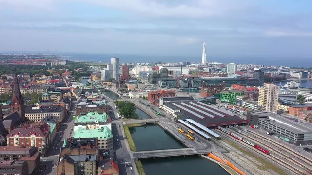 Aerial view of the Malmo Central Station on the background of the cityscape, Sweden