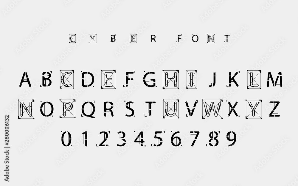 Fototapete Futuristic vector Font design. Letters and Numbers for web and app. Techno type font alphabet. Digital hi-tech style symbols.