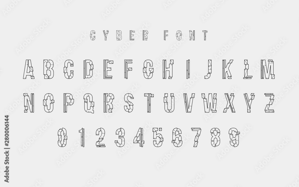 Fototapete Futuristic vector Font design. Letters and Numbers for web and app. Techno type font alphabet. Digital hi-tech style symbols.