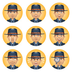 Set of detective emoticons. Man avatars showing different emotions. Happy, smile, sad, cry, angry, surprised, upset, laugh and other facial expressions. Flat style vector illustration
