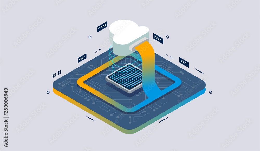 Fototapete Isometric design concept virtual reality and augmented reality. software development and programming. Computation of big data center, quantum computer isometric vector technology