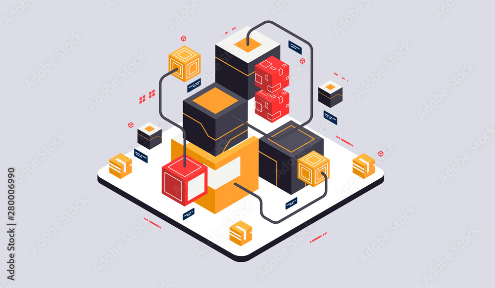 Poster isometric design concept virtual reality and augmented reality. software development and programming