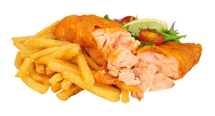 Crispy batter covered salmon fish fillet and fries with salad isolated on a white background
