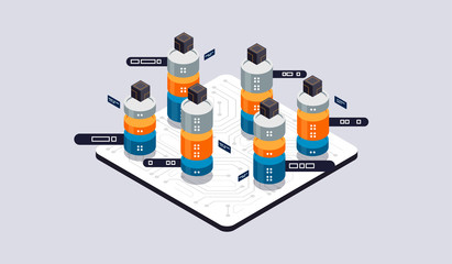 Isometric design concept virtual reality and augmented reality. software development and programming. Computation of big data center, quantum computer isometric vector technology