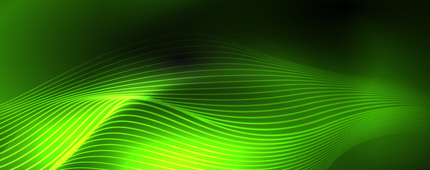 Smoky glowing waves in the dark. Dark abstract background with neon color light and wavy lines. Vector