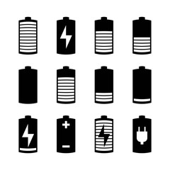 Phone or smartphone battery icons with various charges from fully charged to empty. Isolated on the white background