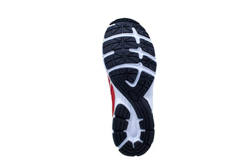 Black sole sneakers with white stripes on a white background.