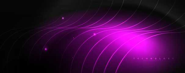 Dark abstract background with bright color neon lights and lines. Glowing background