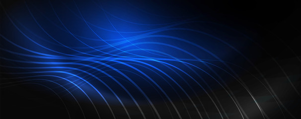 Dark abstract background with bright color neon lights and lines. Glowing background