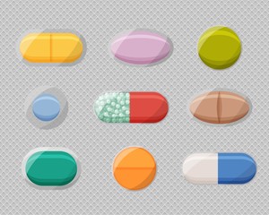 Set of realistic pills blisters with tablets and capsules. Plastic package with medical drugs