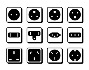 Power socket icon set. World standards for different country plugs