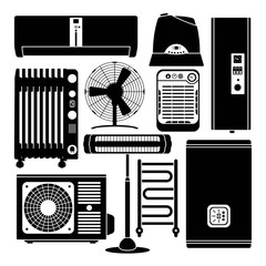 Heating, ventilation and conditioning silhouette icons set