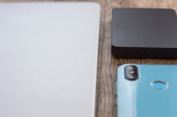 Technological objects in a table.