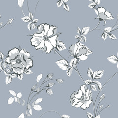 Flower vector illustration with monochrome color roses and leaves on gray background.