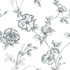 Flower vector illustration with monochrome color roses and leaves on white background.