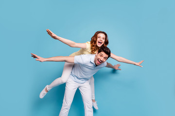 Portrait of his he her she nice-looking attractive cheerful cheery childish funky playful people...