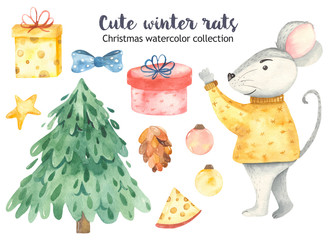 Cute cartoon rat mouse watercolor spruce fir Christmas gifts set. Illustration of animal symbol of the year. New Year 2020 holiday.