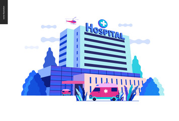 Naklejka premium Medical insurance - hospital facilities and services - modern flat vector concept digital illustration - a hospital building with an ambulance car and a helicopter above, medical office or laboratory
