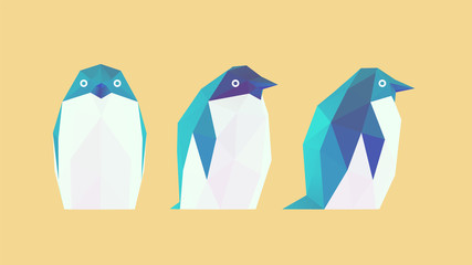 Penguin. Set of Blue Penguins on Yellow Background. Low Poly Vector 3D Rendering