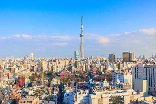 Beautiful  View of Tokyo skyline at tokyo city with Senso-ji Temple  Asakusa Temple of Japan