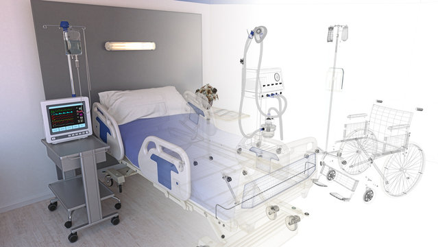 Empty hospital room with empty modenr bed with patient monitoring functions, in the background a wheelchair, 3d rendering, 3d illustration