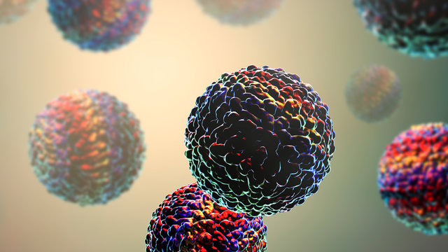 Zika viruses, the causative agent of Zika fever, transmitted by mosquito bite and causes microcephaly in fetus, 3D illustration