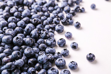Perfectly ripe freshly picked local produce blueberries. Close up, copy space for text, top view, background. Healthy vegan snacks full of antioxidants. Seasonal summer berries.