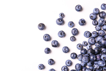 Perfectly ripe freshly picked local produce blueberries. Close up, copy space for text, top view, background. Healthy vegan snacks full of antioxidants. Seasonal summer berries.