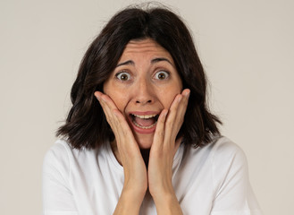 Portrait of a young attractive woman looking scared and shocked.Human expressions and emotions
