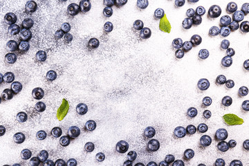 Perfectly ripe freshly picked local produce blueberries. Close up, copy space for text, top view, background. Healthy vegan snacks full of antioxidants. Seasonal summer berries.