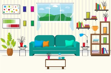 The living room with furniture.There are many things such as books,cabinet, windows,lamps,small trees,sofa, the wall room.The consists of pictures.Flat style vector illustration.