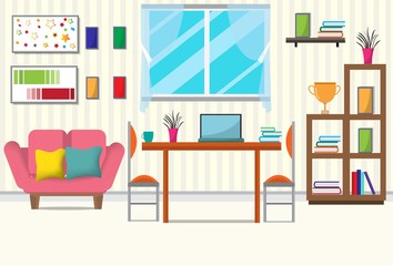 The living room with furniture.There are many things such as books,cabinet, windows,lamps,small trees,sofa, the wall room.The consists of pictures.Flat style vector illustration.