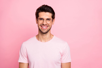 Close-up portrait of his he nice attractive lovely cheerful cheery glad positive intellectual guy wearing round specs isolated over pink pastel background