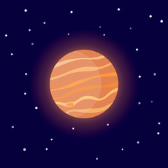 Planet Jupiter. Cartoon vector illustration on the cosmic background.