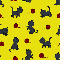 Seamless pattern of funny cartoon gray kittens playing with red yarn ball. Bright yellow background.