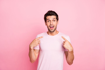 Portrait of his he nice attractive cheerful cheery glad shocked guy presenting surprise gift...