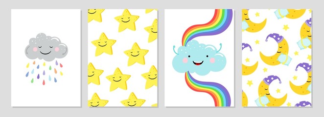 Cards with cute clouds, rainbow, moon. Vector cartoon clouds and stars banner template