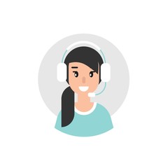 Happy female operator with headphones and microphone in blue circle.
