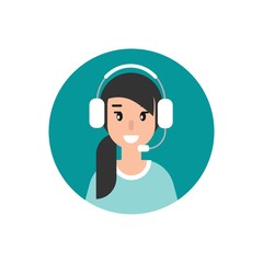 Happy female operator with headphones and microphone in blue circle.