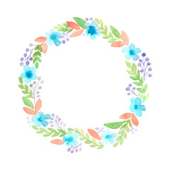 Fototapeta na wymiar Watercolor hand painted botanical wreath of blue flowers isolated on white background.