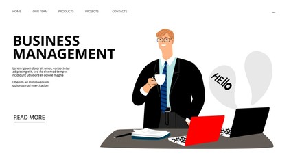 Business management landing page. Business coffee break. effective management, Vector effective management web page
